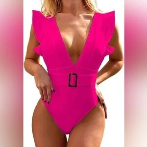 AvaNova Swimsuit, Sz L, Hot Pink, Ruffle Accent, Removeable Belt Adj Straps, New
